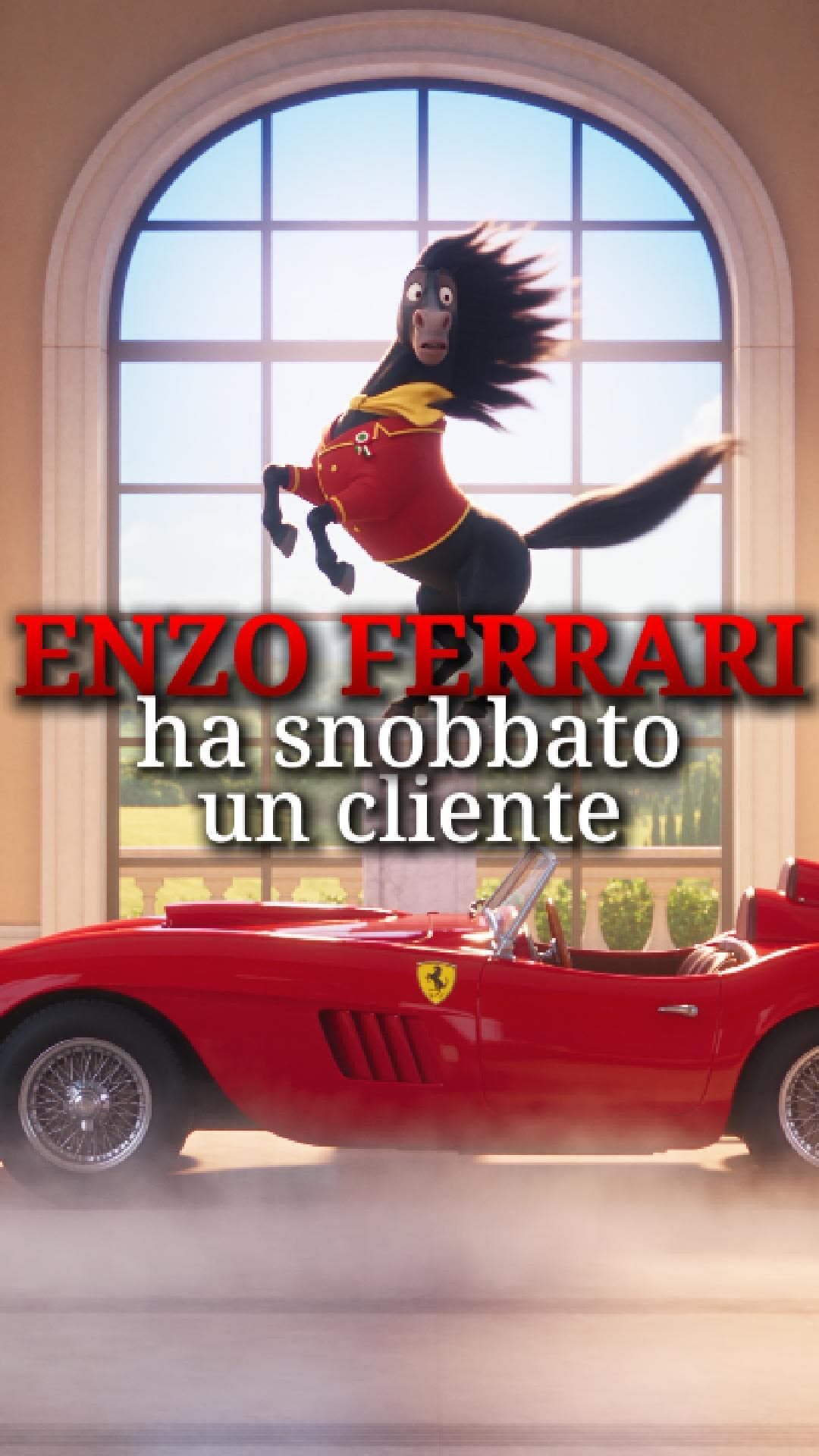 Copertina: cavallo animato su una Ferrari rossa con la scritta Enzo Ferrari ha snobbato un cliente